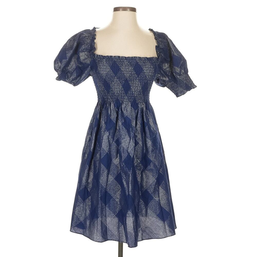 Hill House Home Athena Nap Dress Navy Blue Glitter Check Plaid Smocked Puff XS